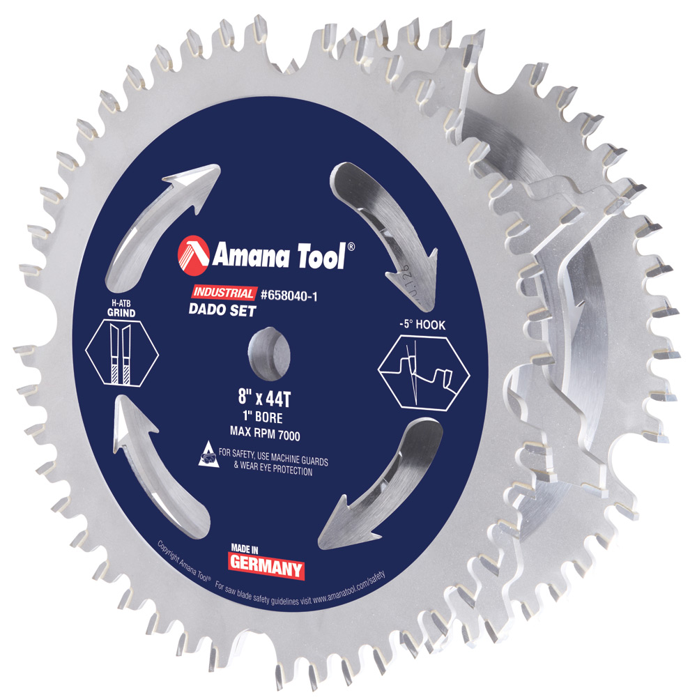 Amana 658040-1 Carbide Tipped Dado 8 Inch Dia x 44T H-ATB -5 Deg, 1 Inch Bore, Dado Set with Five 4-Wing Chippers