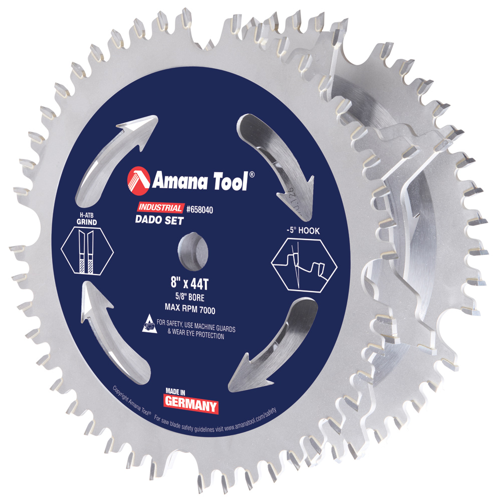 Amana 658040 Carbide Tipped Dado 8 Inch Dia x 44T H-ATB -5 Deg, 5/8 Bore, Dado Set with Five 4-Wing Chippers