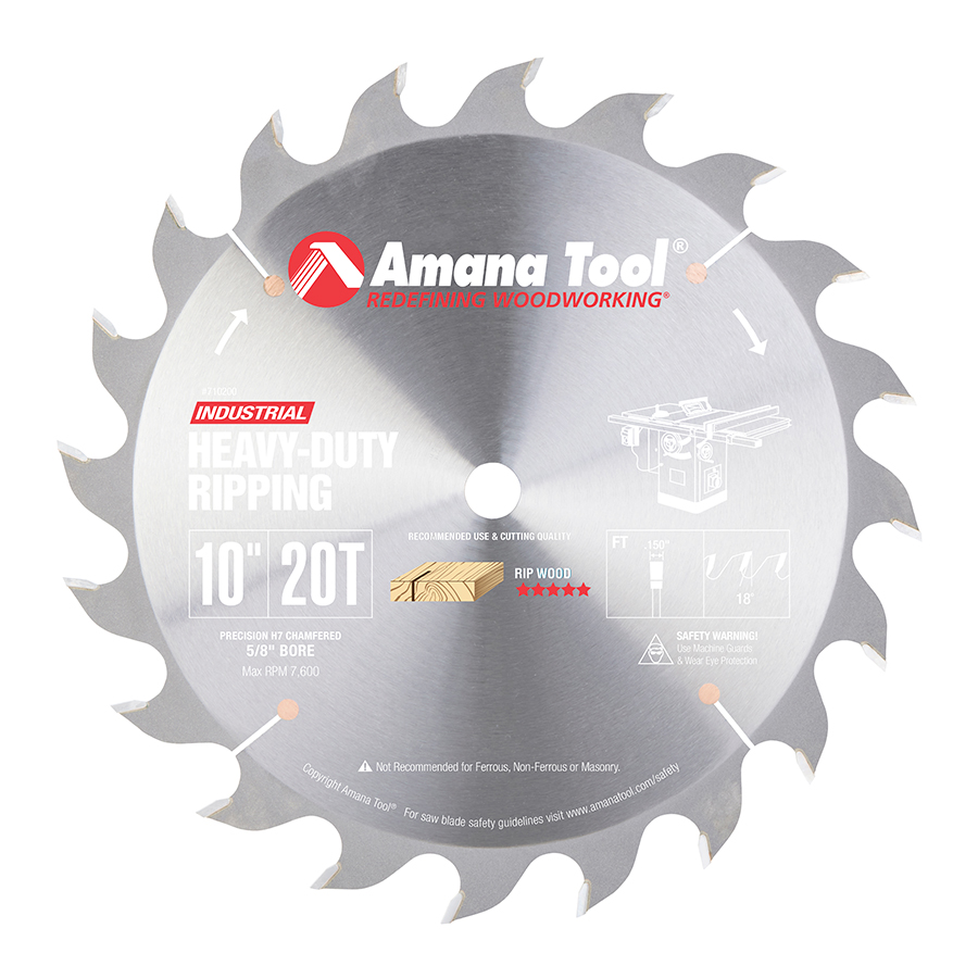 Amana 710200 Carbide Tipped Heavy-Duty Ripping 10 Inch Dia x 20T FT, 18 Deg, 5/8 Bore