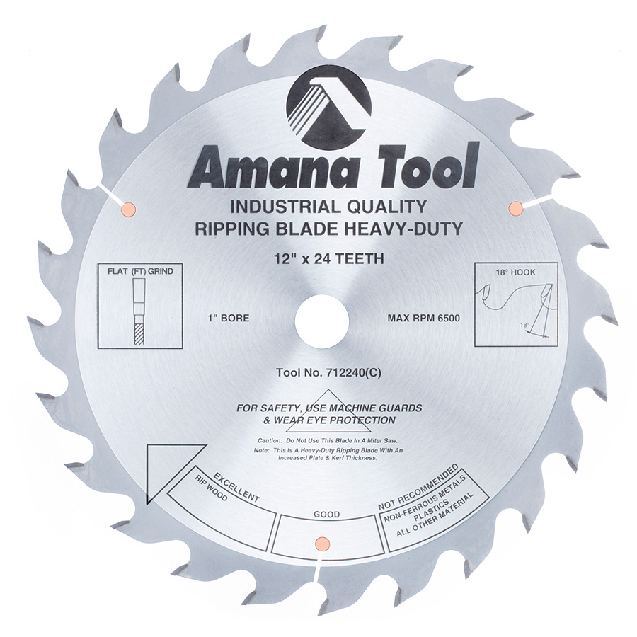 Amana 712240 Carbide Tipped Heavy-Duty Ripping 12 Inch Dia x 24T FT, 18 Deg, 1 Inch Bore