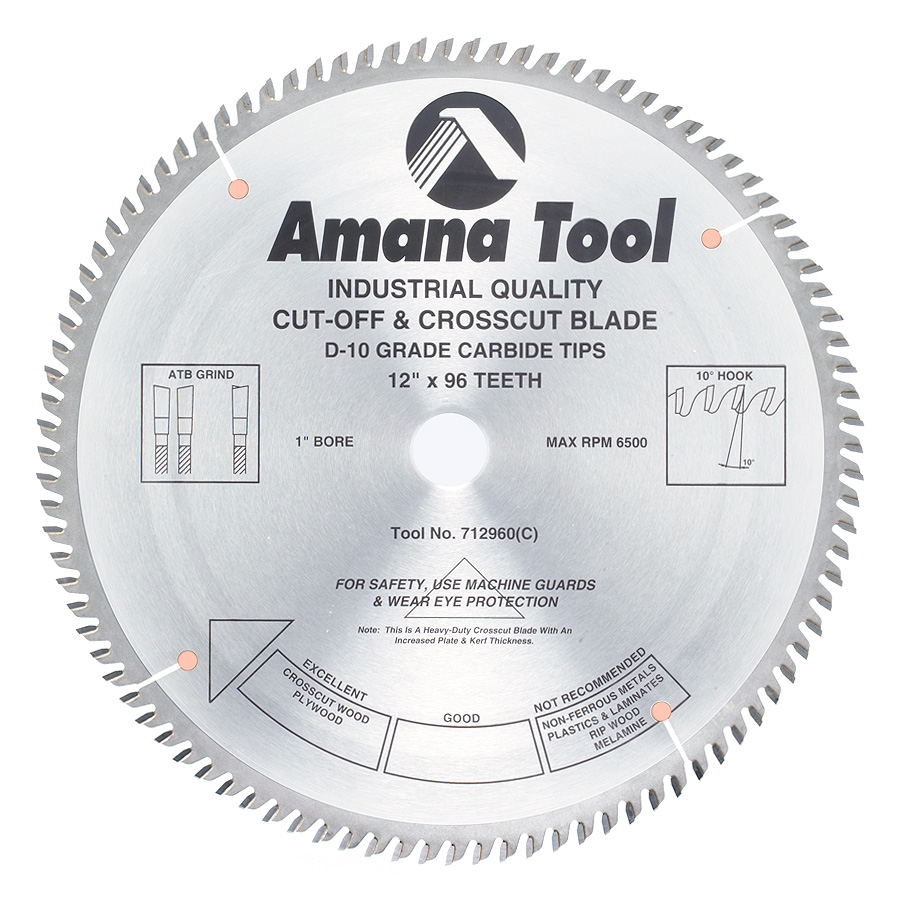 Amana 712960 Carbide Tipped Heavy Duty Cut-Off and Crosscut 12 Inch Dia x 96T ATB, 10 Deg, 1 Inch Bore