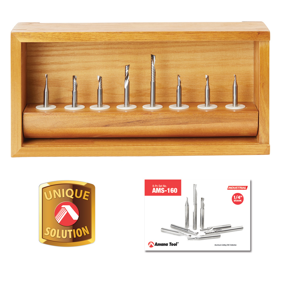 Amana AMS-160 8-Pc Aluminum Cutting Solid Carbide Spiral 'O' Flute CNC Router Bit Collection, 1/4 Inch Shank