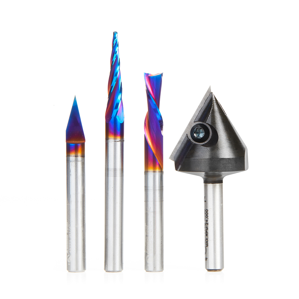 Amana AMS-102 X-Carve® CNC Router Bit Starter 4-Pc Pack, 1/4 Inch Shank