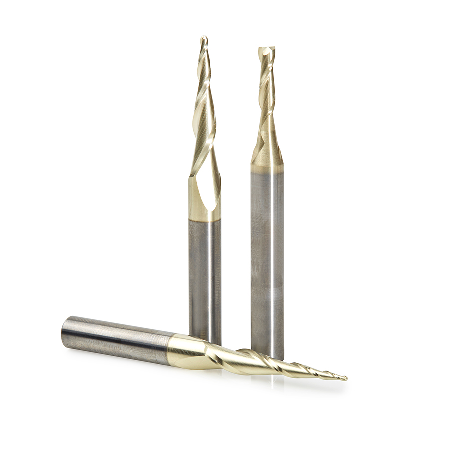 Amana AMS-110 3-Pc CNC Up-Cut Spiral 2D and 3D Carving Ball Nose & Flat Bottom ZrN Coated Solid Carbide 1/4 Inch Shank Router Bit Set, Includes 1mm, 1/16 & 1/8 Diameters
