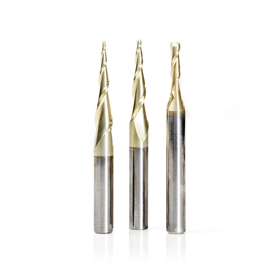 Amana AMS-110 3-Pc CNC Up-Cut Spiral 2D and 3D Carving Ball Nose & Flat Bottom ZrN Coated Solid Carbide 1/4 Inch Shank Router Bit Set, Includes 1mm, 1/16 & 1/8 Diameters