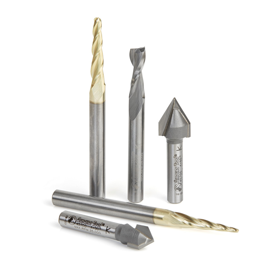 Amana AMS-127 5-Pc Starter Engraving CNC Router Bit Collection, 1/4 Inch Shank