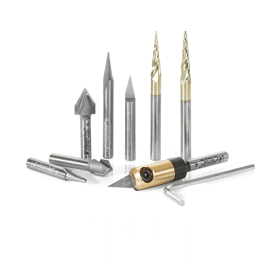Amana AMS-128 8-Pc 'V' Carving CNC Router Bit Collection, 1/4 Inch Shank