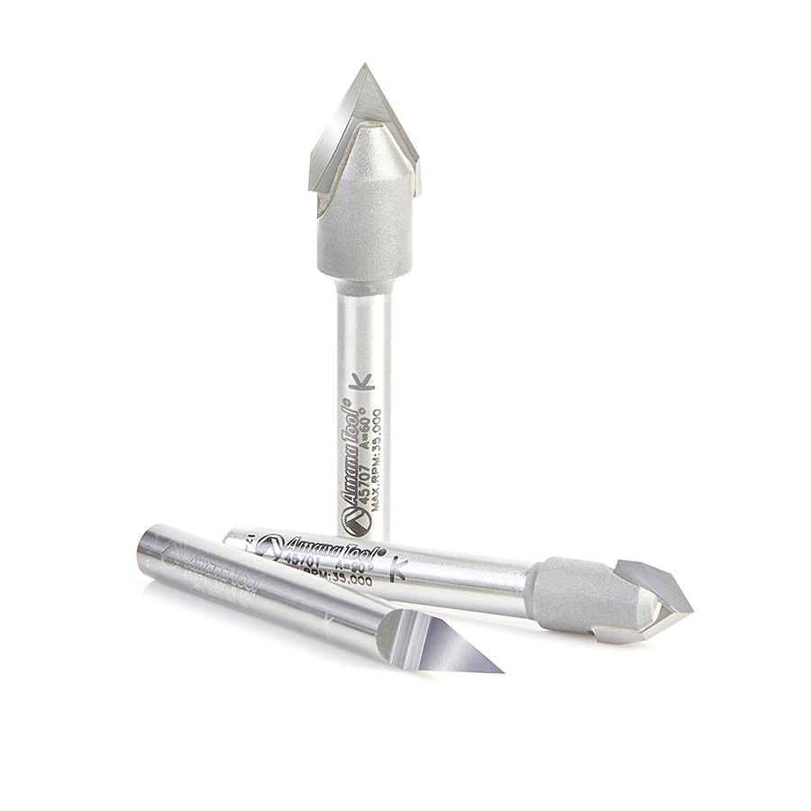 Amana AMS-129 3-Pc "Zeo-Point" Solid Carbide and Carbide Tipped 30, 60 & 90 Degree V-Groove Router Bit Pack, 1/4 Inch Shank