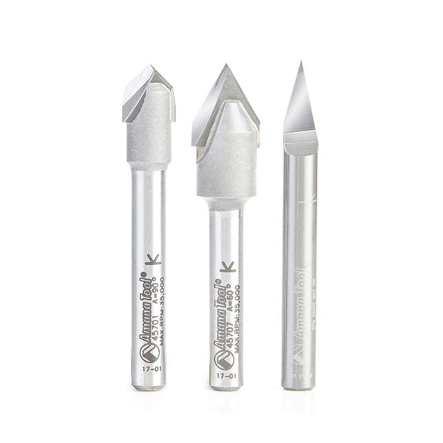 Amana AMS-129 3-Pc "Zeo-Point" Solid Carbide and Carbide Tipped 30, 60 & 90 Degree V-Groove Router Bit Pack, 1/4 Inch Shank
