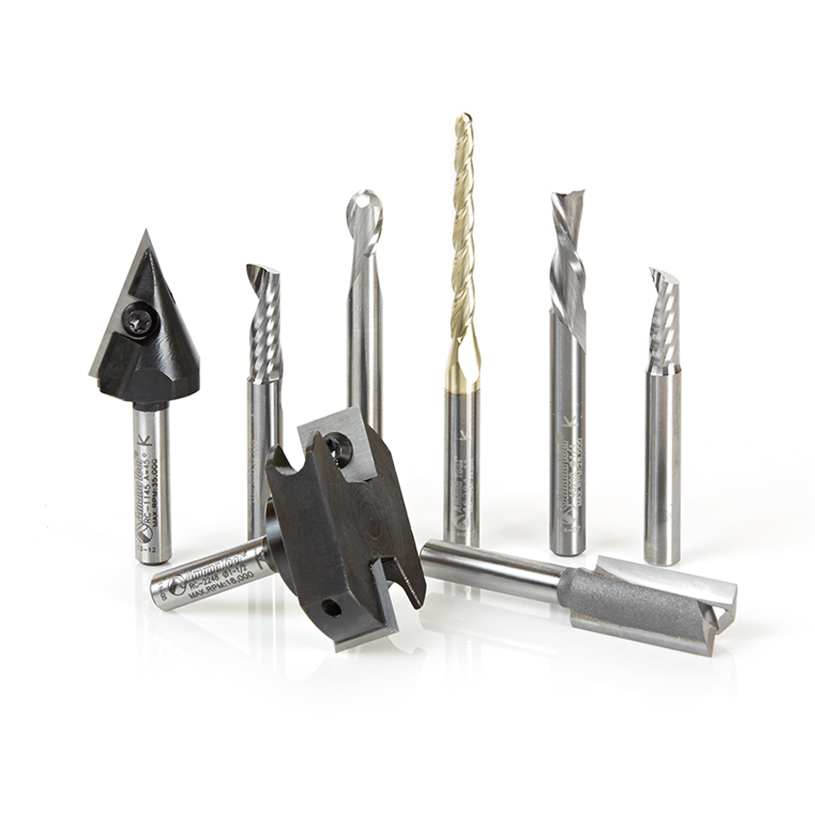 Amana AMS-131 8-Pc Signmaking Starter CNC Router Bit Collection II, 1/4 Inch Shank