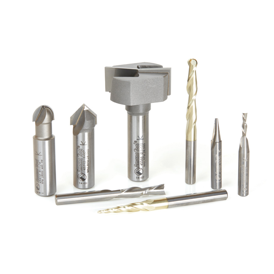 Amana AMS-133 8-Pc Signmaking Starter Router Bit Collection #III, 1/4 & 1/2 Inch Shank