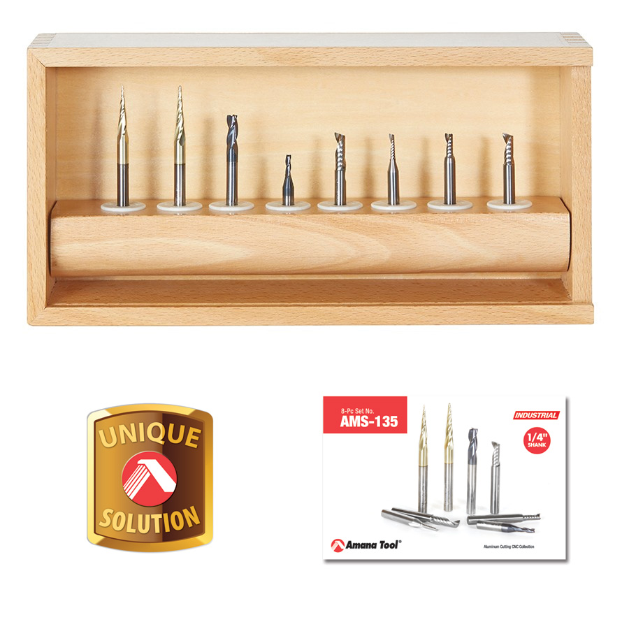 Amana AMS-135 8-Pc Specialty Aluminum, Plastics & Stainless Steel Cutting CNC Router Bit Collection, 1/4 Inch Shank