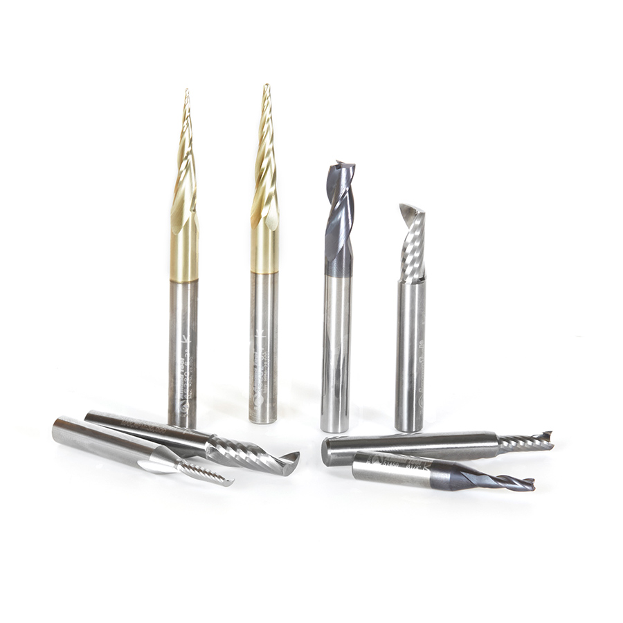 Amana AMS-135 8-Pc Specialty Aluminum, Plastics & Stainless Steel Cutting CNC Router Bit Collection, 1/4 Inch Shank