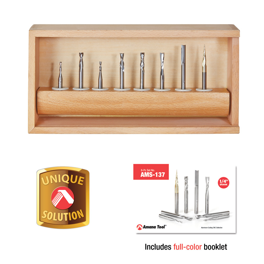 Amana AMS-137 8-Pc Spiral Compression, Tapered & Straight CNC Router Bit Collection, 1/4 Inch Shank