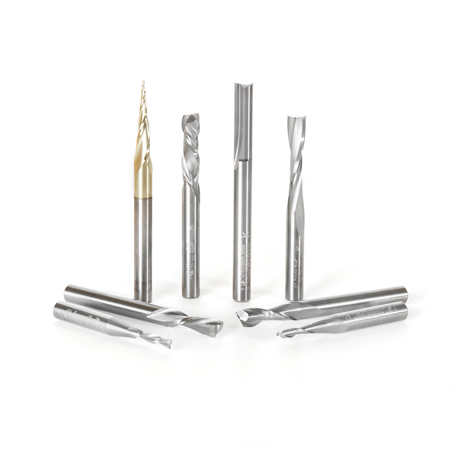 Amana AMS-137 8-Pc Spiral Compression, Tapered & Straight CNC Router Bit Collection, 1/4 Inch Shank