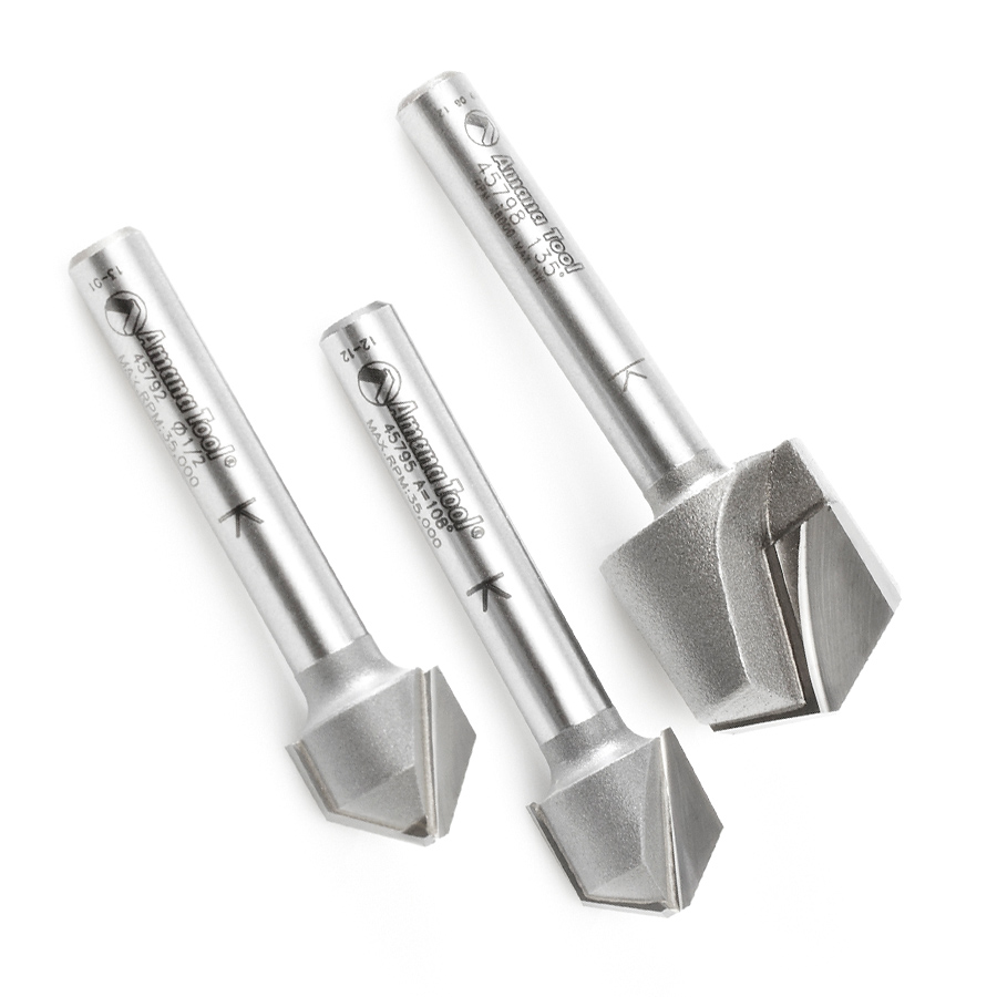 Amana AMS-140 3-Pc. Carbide Tipped V-Groove 90, 108 and 135 Degree Angles for Double Edge Folding Aluminum Composite Material (ACM) Panels 1/4 Inch Shank Router Bit Set