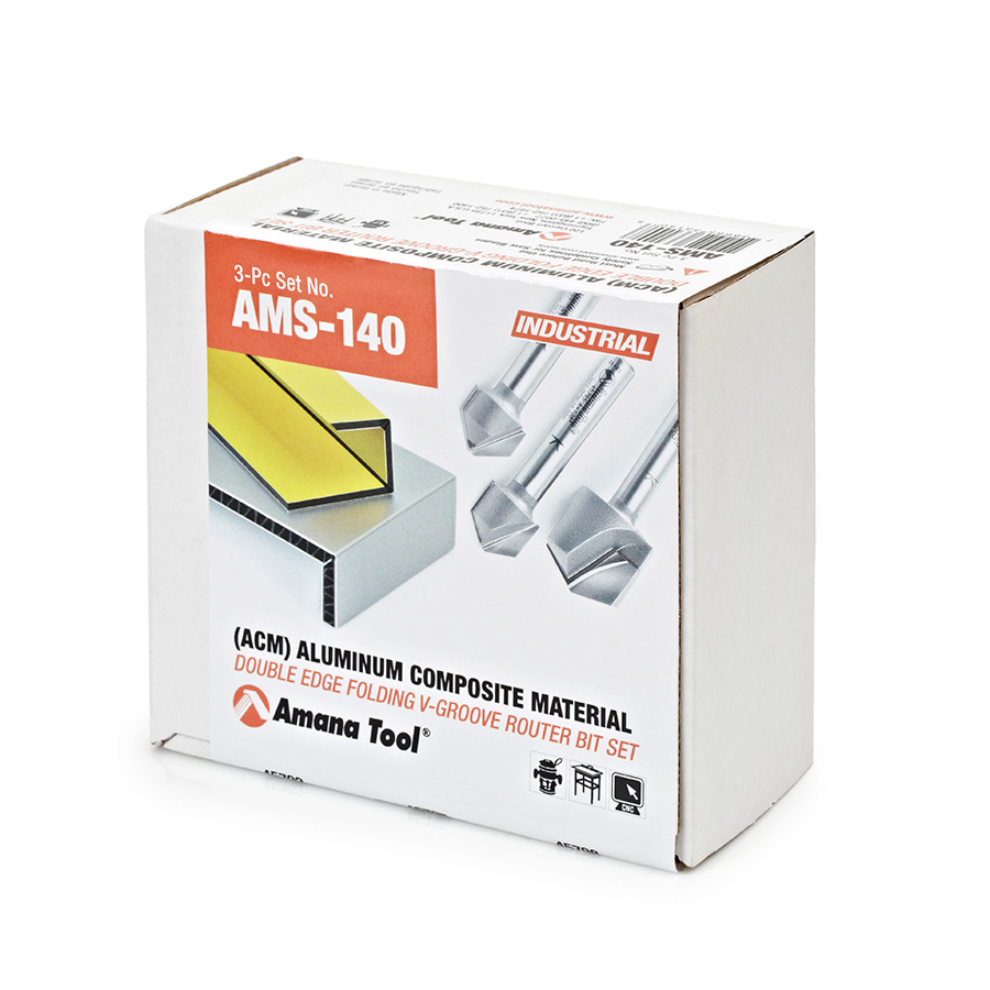 Amana AMS-140 3-Pc. Carbide Tipped V-Groove 90, 108 and 135 Degree Angles for Double Edge Folding Aluminum Composite Material (ACM) Panels 1/4 Inch Shank Router Bit Set