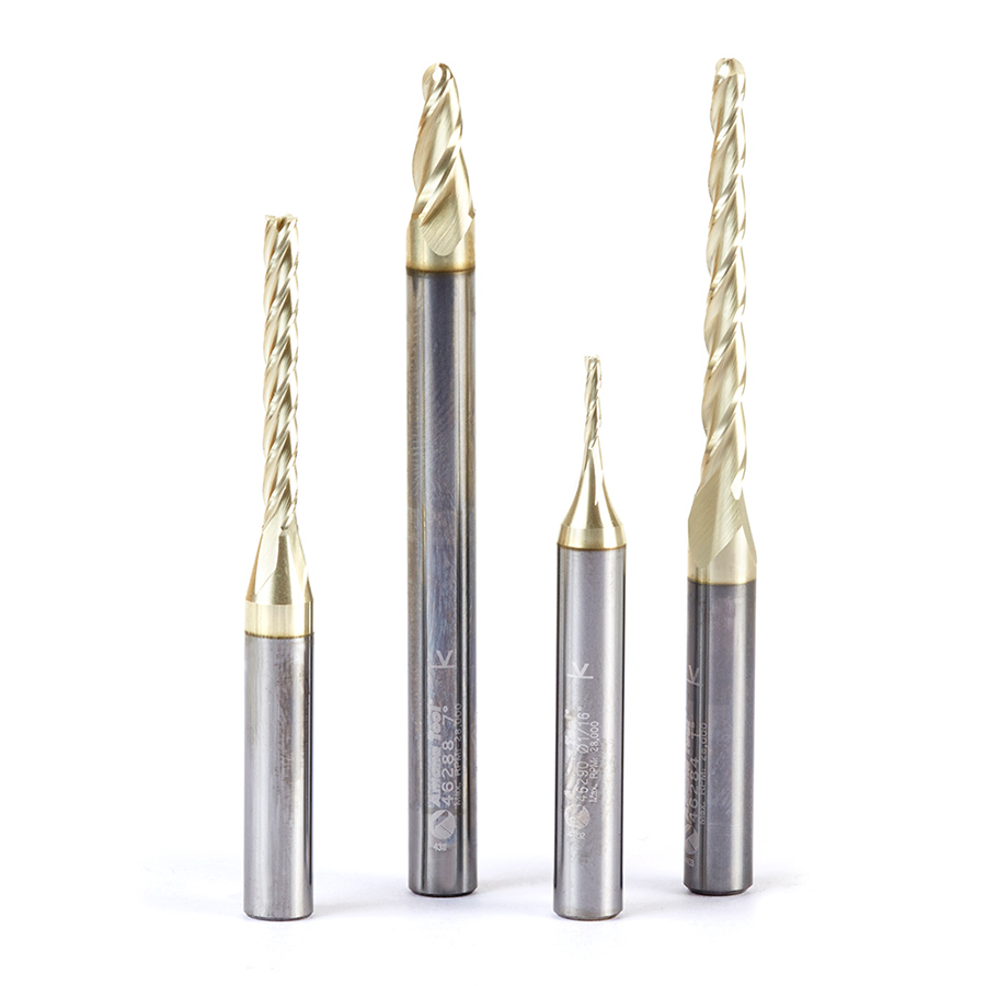 Amana AMS-141 4-Pc CNC 2D and 3D Carving Ball Nose & Flat Bottom ZrN Coated Solid Carbide 1/4 Inch Shank Router Bit Set, Includes 46284 (1/16), 46288 (1/8), 46290 (1/16) & 46292 (1/8 Dia.)