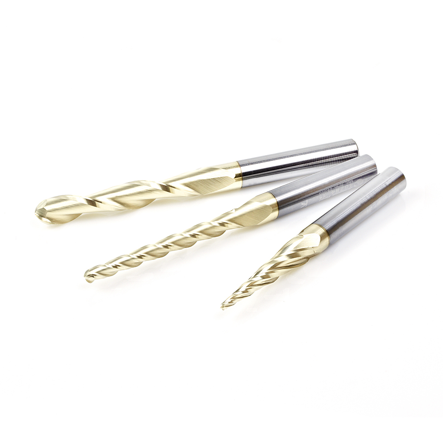 Amana AMS-142 3-Pc Solid Carbide Up-Cut Spiral 2D/3D Carving Ball Nose ZrN Coated CNC Router Bit Set, 1/4 Inch Shank, Includes 1/16, 1/8 & 1/4 Diameters