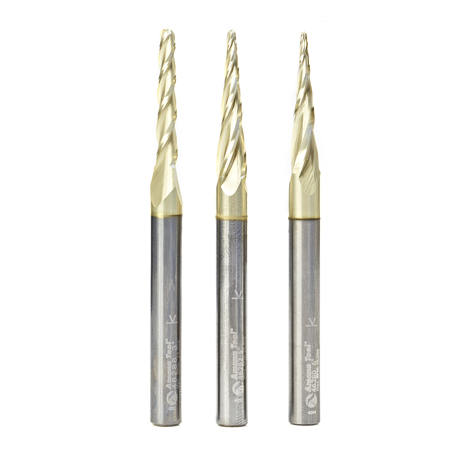 Amana AMS-144 3-Pc Solid Carbide Up-Cut Spiral 2D/3D Carving Ball Nose ZrN Coated CNC Router Bit Set, 1/4 Inch Shank, Includes 1/32, 1/16 & 1/8 Diameters