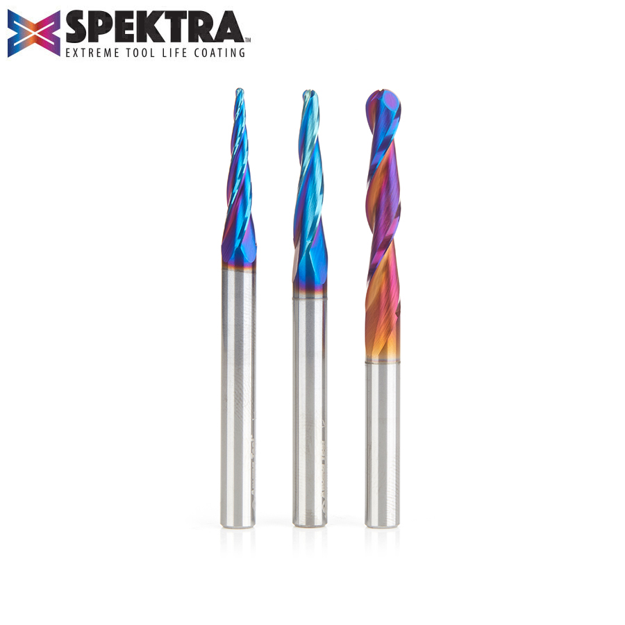 Amana AMS-146-K 3-Pc Solid Carbide Up-Cut Spiral 2D/3D Carving Ball Nose Spektra, Extreme Tool Life Coated CNC Router Bit Set, 1/4 Inch Shank, Includes 1/16, 1/8 & 1/4 Diameters