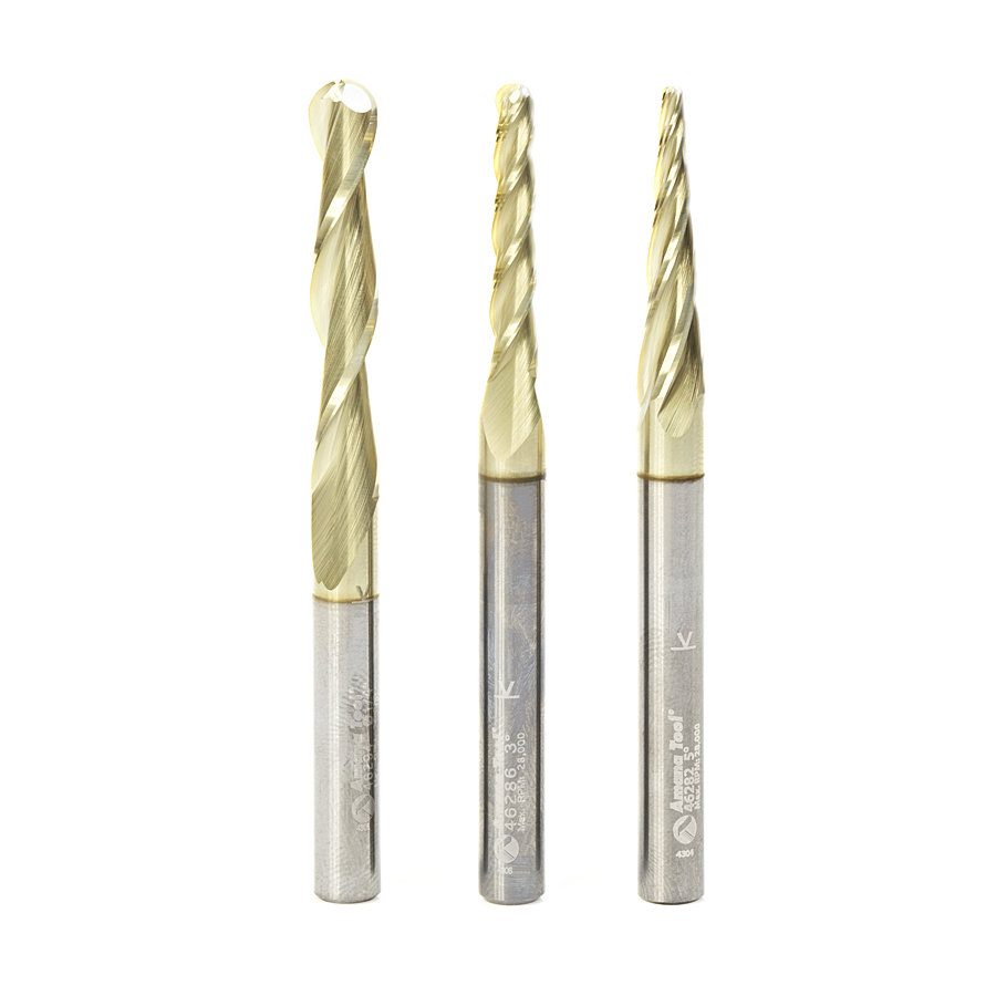 Amana AMS-146 3-Pc Solid Carbide Up-Cut Spiral 2D/3D Carving Ball Nose ZrN Coated CNC Router Bit Set, 1/4 Inch Shank, Includes 1/16, 1/8 & 1/4 Diameters