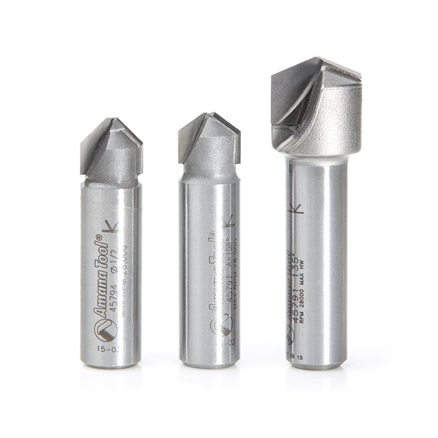 Amana AMS-147 3-Pc. Carbide Tipped V-Groove 90, 108 and 135 Degree Angles for Double Edge Folding Aluminum Composite Material (ACM) Panels 1/2 Inch Shank Router Bit Set