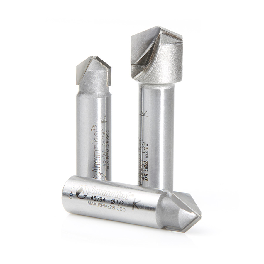 Amana AMS-147 3-Pc. Carbide Tipped V-Groove 90, 108 and 135 Degree Angles for Double Edge Folding Aluminum Composite Material (ACM) Panels 1/2 Inch Shank Router Bit Set