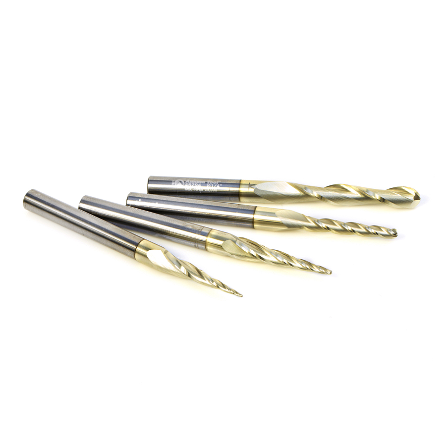 Amana AMS-148 4-Pc Solid Carbide Up-Cut Spiral 2D/3D Carving Ball Nose ZrN Coated CNC Router Bit Set, 1/4 Inch Shank, Includes 1/32, 1/16, 1/8 & 1/4 Diameters.