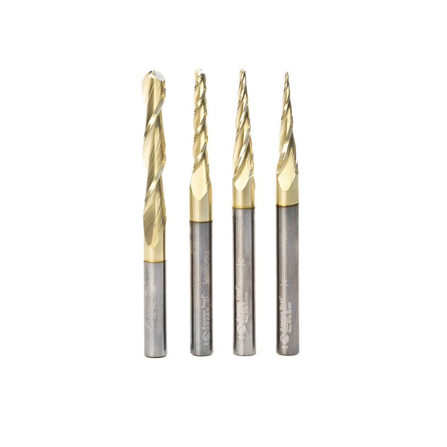 Amana AMS-148 4-Pc Solid Carbide Up-Cut Spiral 2D/3D Carving Ball Nose ZrN Coated CNC Router Bit Set, 1/4 Inch Shank, Includes 1/32, 1/16, 1/8 & 1/4 Diameters.
