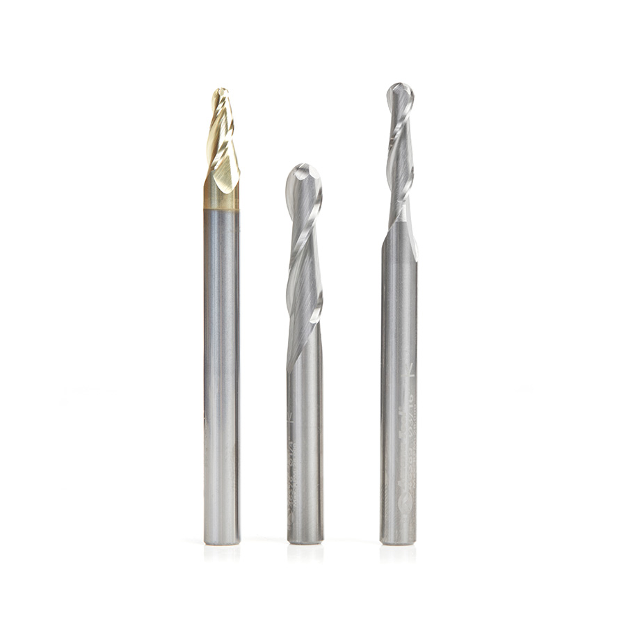 Amana AMS-149 3-Pc Solid Carbide Up-Cut Spiral Ball Nose CNC Router Bit Pack, 1/4 Inch Shank, Includes 1/8, 3/16 & 1/4 Diameters