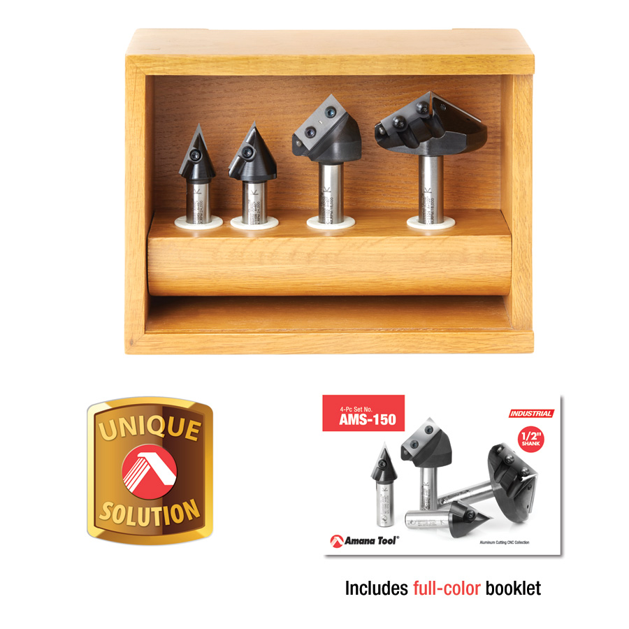 Amana AMS-150 4-Pc 3D CNC Signmaking, Lettering & Engraving Insert Solid Carbide 45, 60, 90 & 120 Degree V-Groove Router Bit Collection, 1/2 Inch Shank