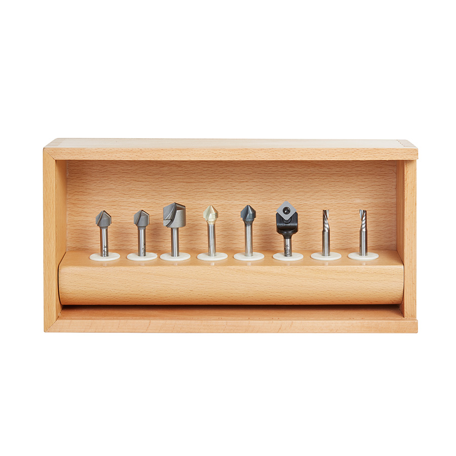 Amana AMS-151 8-Pc V-Groove for Double Edge Folding Aluminum Composite Material (ACM) Panels 1/4 Inch Shank Router Bit Collection