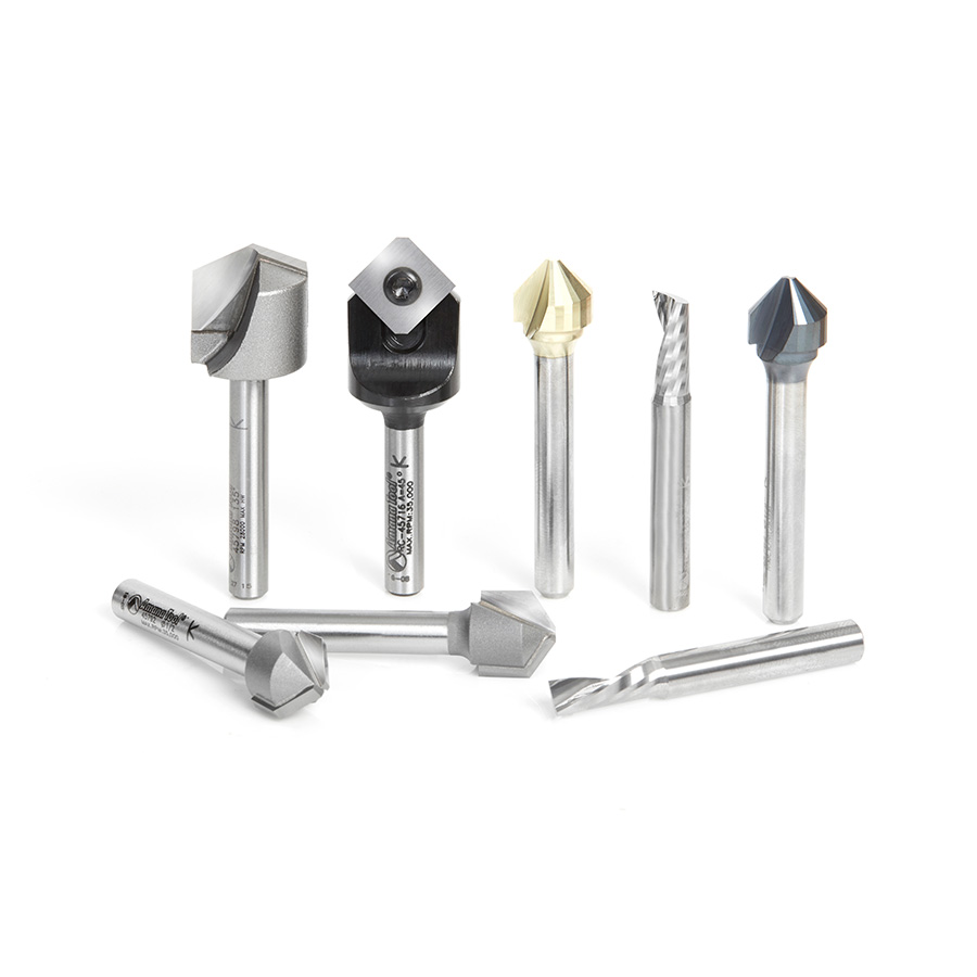 Amana AMS-151 8-Pc V-Groove for Double Edge Folding Aluminum Composite Material (ACM) Panels 1/4 Inch Shank Router Bit Collection