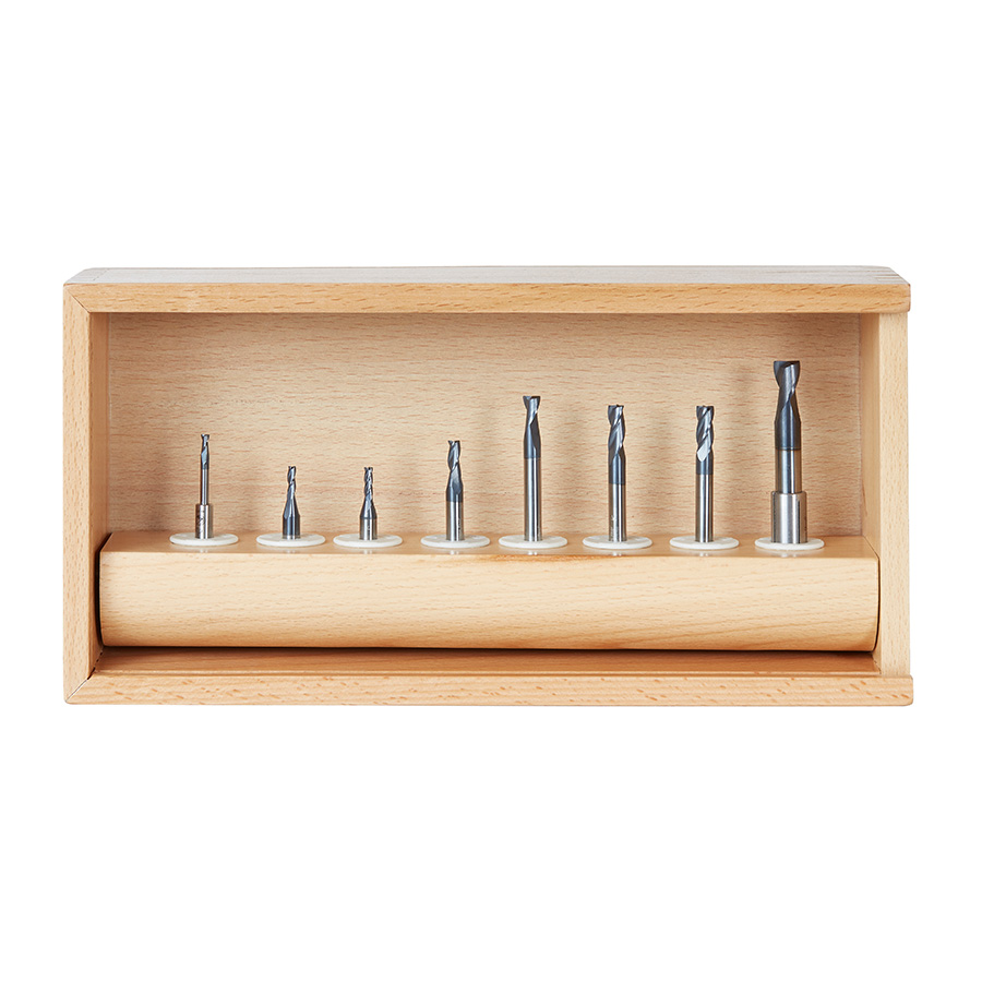 Amana AMS-152 8-Pc Set, Solid Carbide Spiral, AlTiN Coated, CNC End Mill / Router Bit Collection for Stainless Steel, Steel & Composite Materials, 1/8, 1/4 & 3/8 Inch Shank