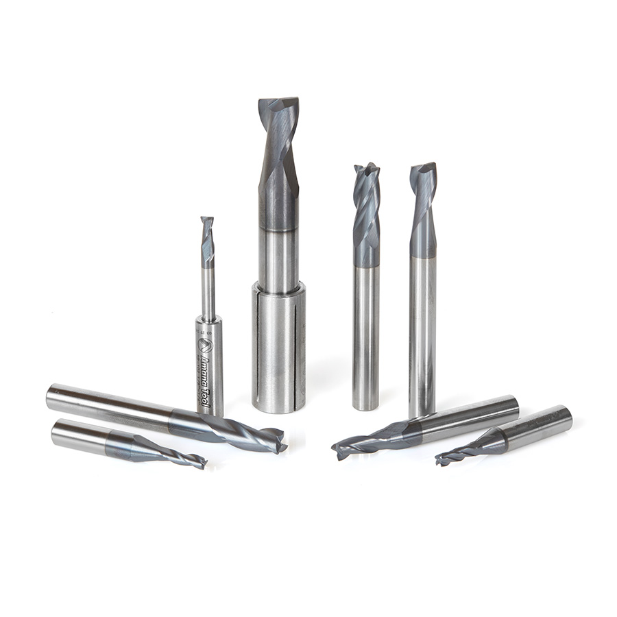 Amana AMS-152 8-Pc Set, Solid Carbide Spiral, AlTiN Coated, CNC End Mill / Router Bit Collection for Stainless Steel, Steel & Composite Materials, 1/8, 1/4 & 3/8 Inch Shank