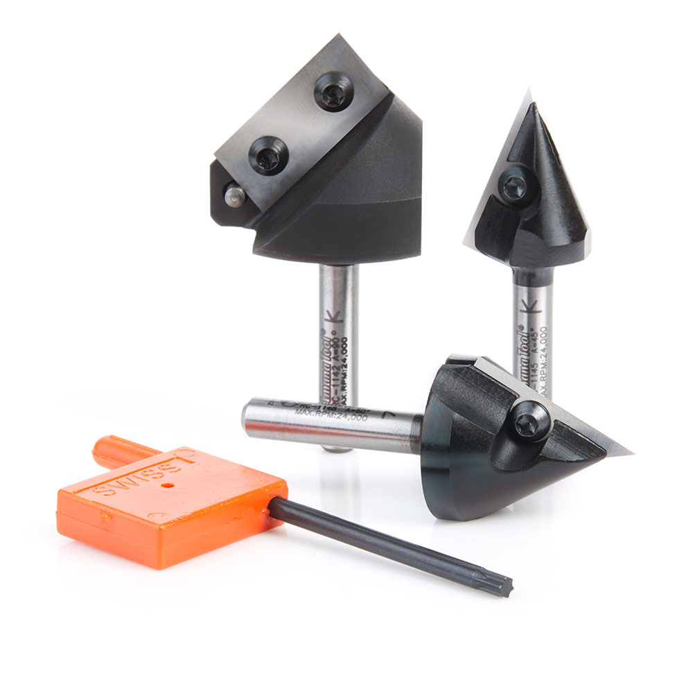 Amana AMS-153 3-Pc 3D CNC Signmaking, Lettering & Engraving Insert Solid Carbide 45, 60 & 90 Degree V-Groove Router Bit Pack, 1/4 Inch Shank
