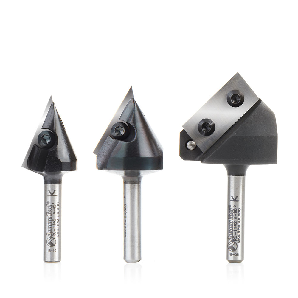 Amana AMS-153 3-Pc 3D CNC Signmaking, Lettering & Engraving Insert Solid Carbide 45, 60 & 90 Degree V-Groove Router Bit Pack, 1/4 Inch Shank
