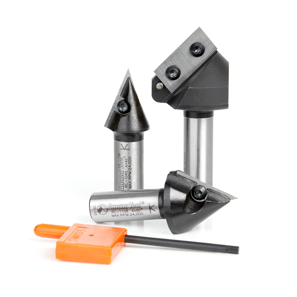 Amana AMS-157 CNC V-Groove, 2D/3D, Signmaking, Lettering & Engraving Insert Carbide Router Bit 3-Pc Pack, 1/2 Inch Shank