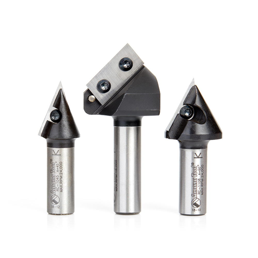 Amana AMS-157 CNC V-Groove, 2D/3D, Signmaking, Lettering & Engraving Insert Carbide Router Bit 3-Pc Pack, 1/2 Inch Shank