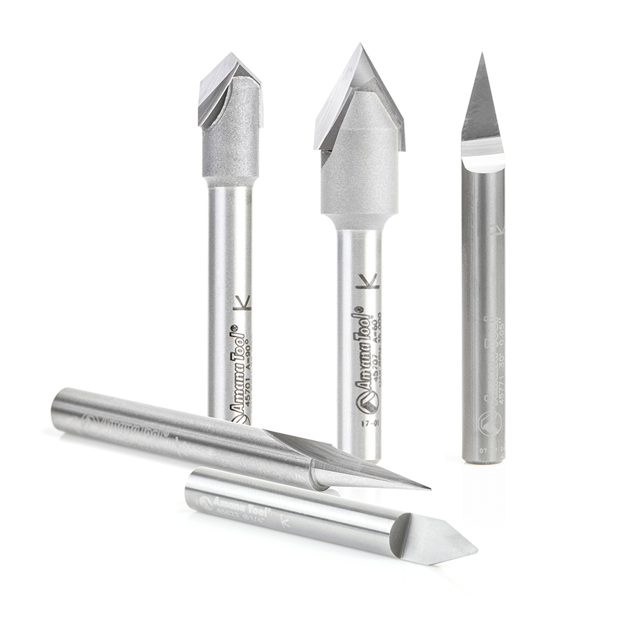 Amana AMS-159 5-Pc Solid Carbide and Carbide Tipped 18, 30, 45, 60 & 90 Degree V-Groove Router Bit Pack, 1/4 Inch Shank