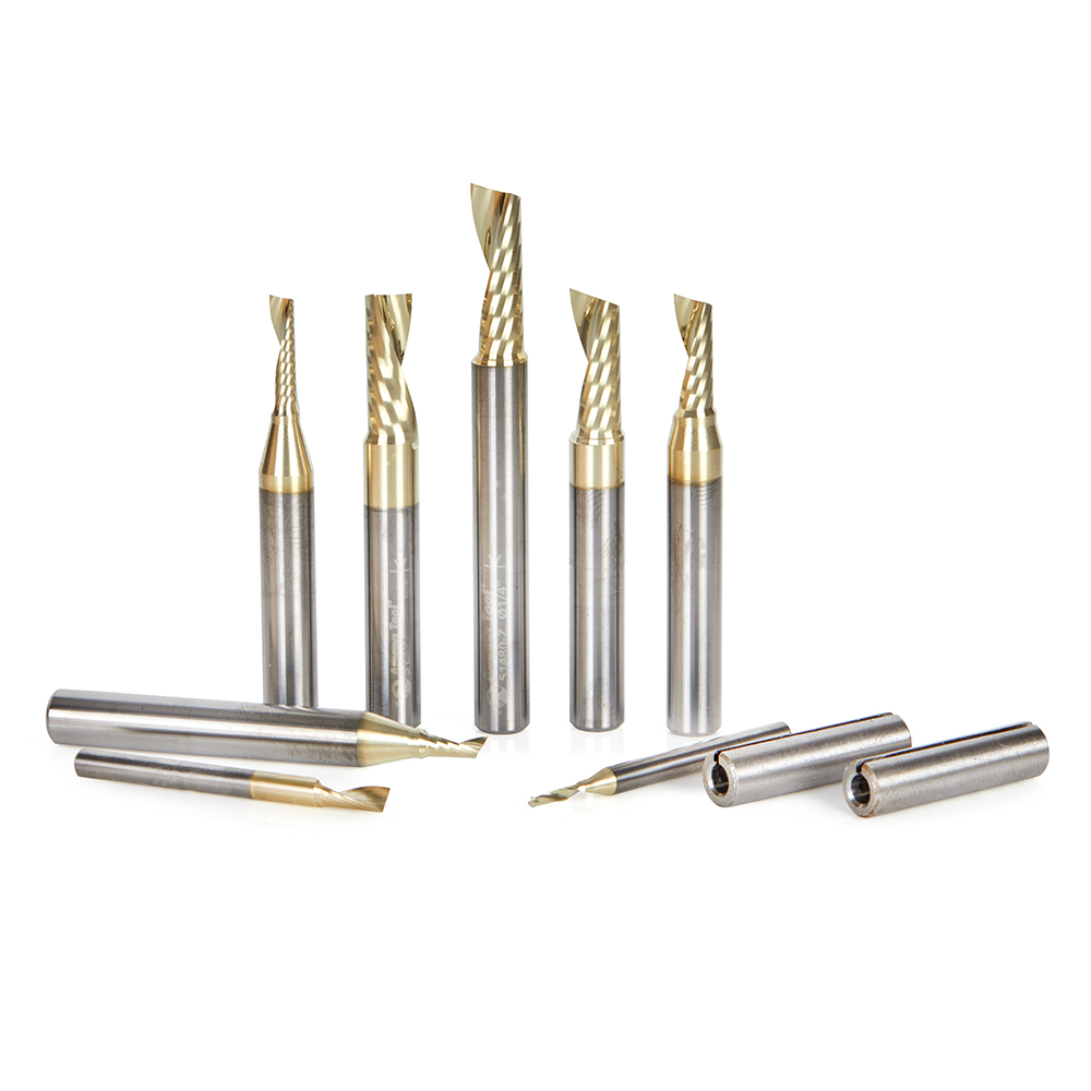 Amana AMS-160-Z 8-Pc Aluminum Cutting Solid Carbide Spiral 'O' Flute CNC ZrN Coated Router Bit Collection