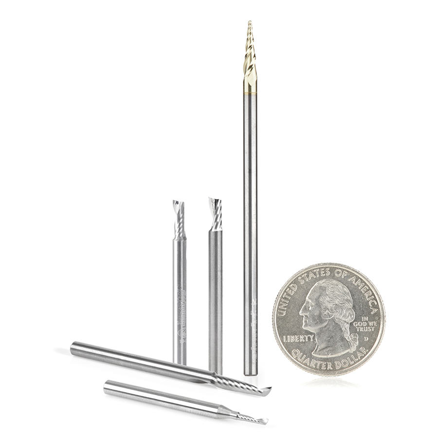 Amana AMS-161 5-Pc Aluminum Cutting Solid Carbide Spiral 'O' Flute CNC Router Bit Pack, 1/8 Inch Shank