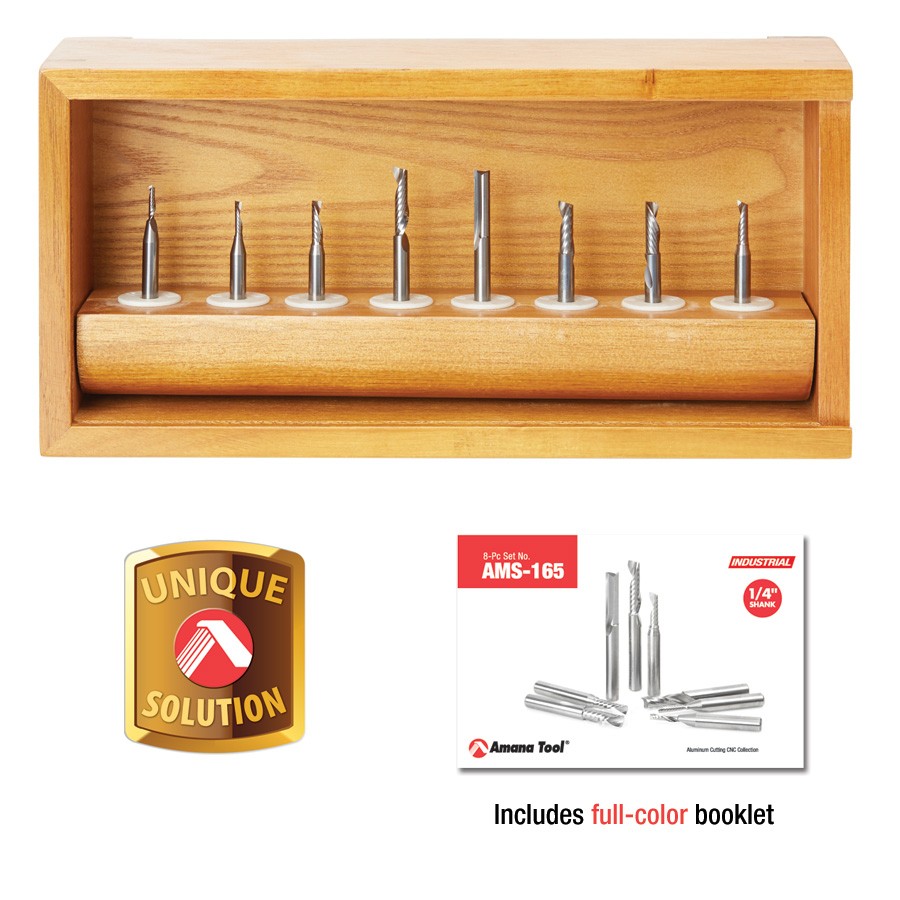 Amana AMS-165 8-Pc Plastic Cutting Solid Carbide Spiral 'O' Flute CNC Router Bit Collection, 1/4 Inch Shank