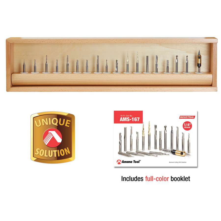 Amana AMS-167 18-Pc Plastic Cutting Solid Carbide Advanced CNC Router Bit Collection, 1/4 Inch Shank