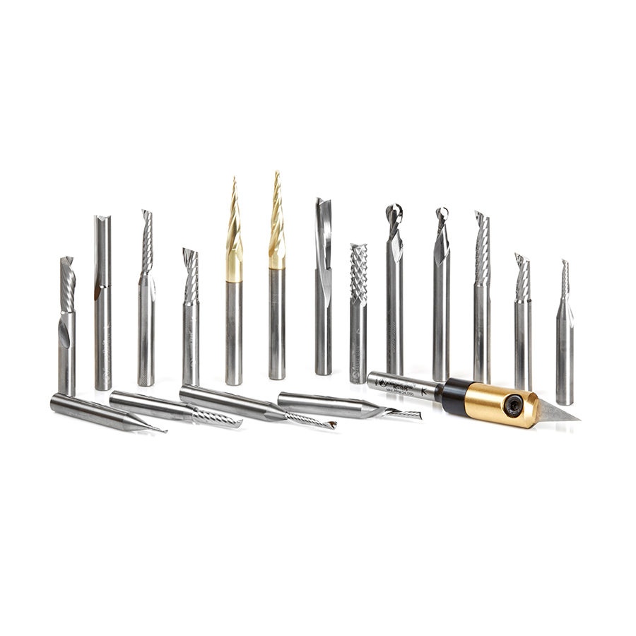 Amana AMS-167 18-Pc Plastic Cutting Solid Carbide Advanced CNC Router Bit Collection, 1/4 Inch Shank