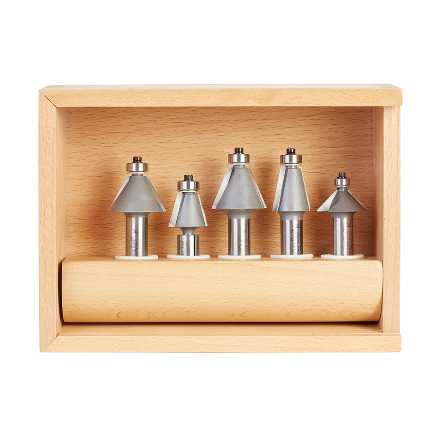 Amana AMS-184 5-Piece 11-1/4º, 15º, 22-1/2º, 30º and 45º Chamfer Router Bit Collection