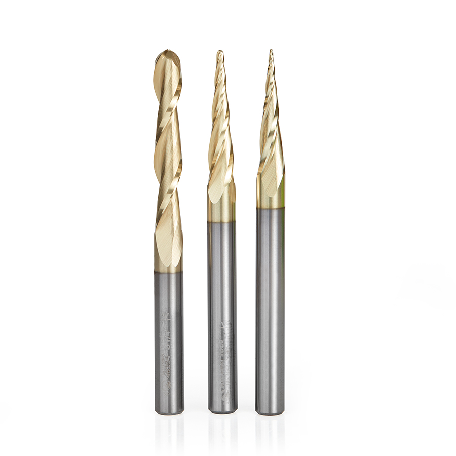 Amana AMS-185 3-Pc Solid Carbide Up-Cut Spiral 2D/3D Carving Ball Nose ZrN Coated CNC Router Bit Pack, 1/4 Inch Shank, Includes 1/32, 1/16 & 1/4 Diameters