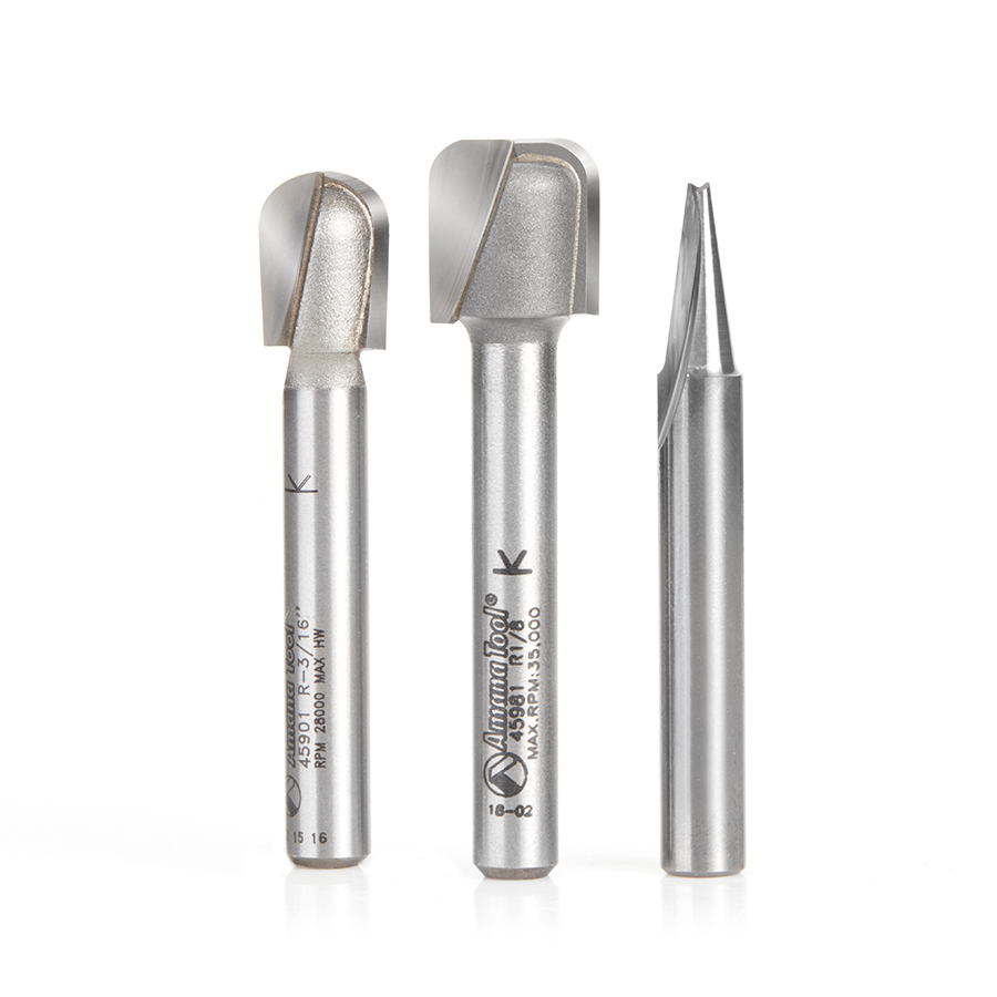 Amana AMS-186 3-Pc Signmaking & Lettering CNC Router Bit Pack, 1/4 Inch Shank