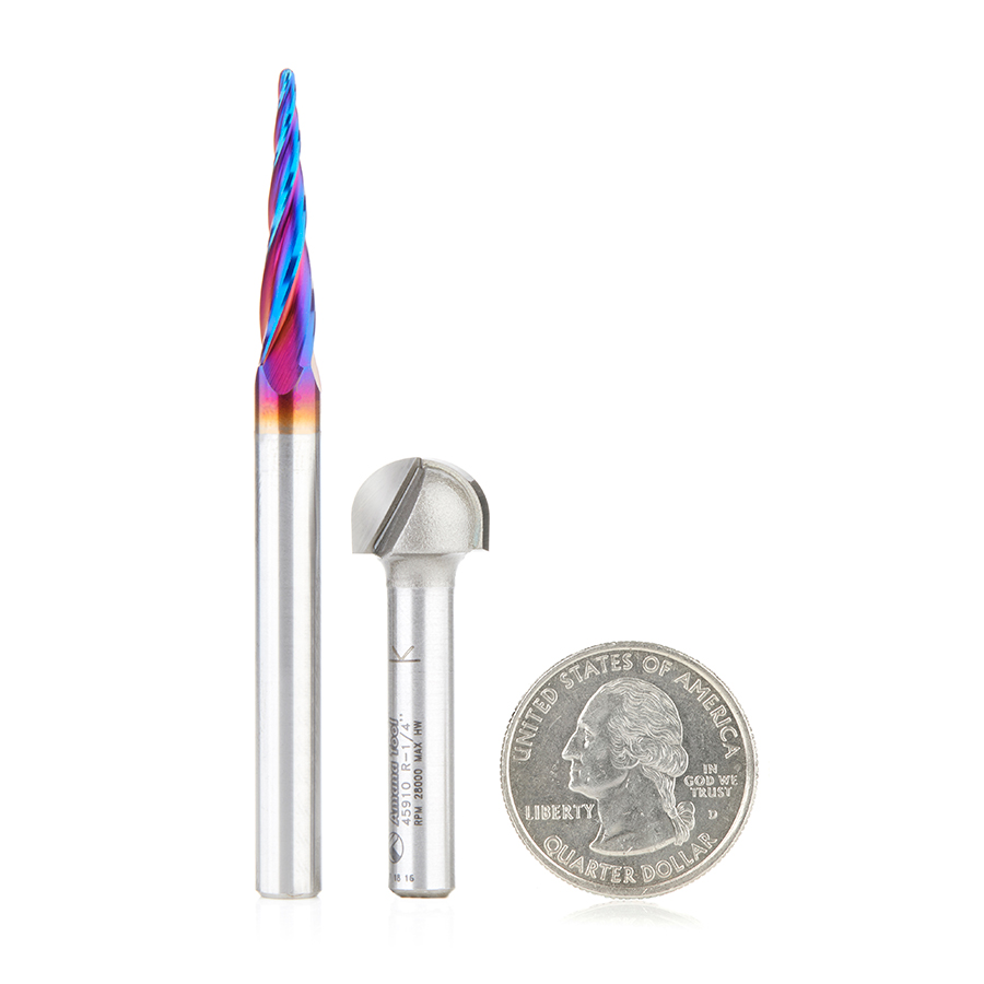 Amana AMS-191 2-Pc Solid Carbide and Carbide Tipped Carving 2D/Core Box CNC Router Bit Pack, 1/4 Inch Shank